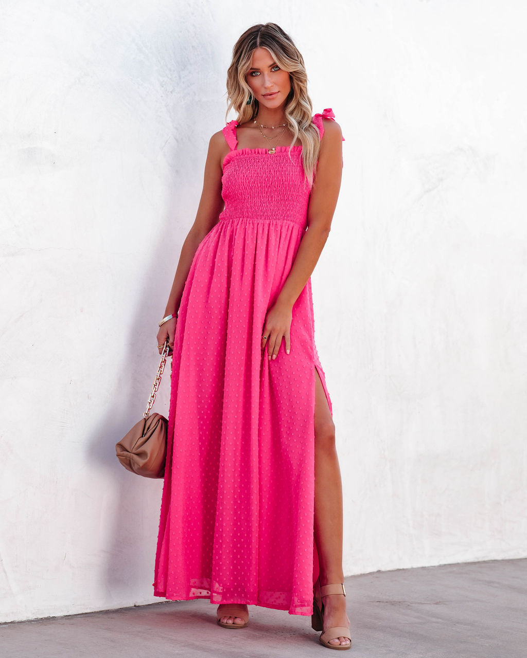 Swiss Dot Square Neck Smocked Tie Strap Slit Maxi Dress