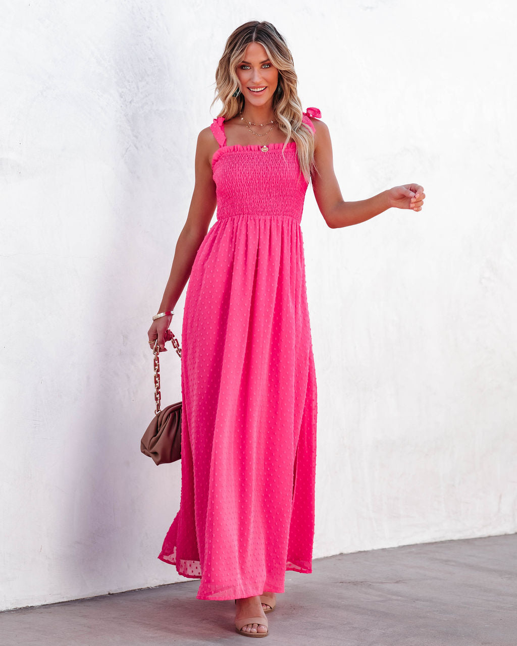 Swiss Dot Square Neck Smocked Tie Strap Slit Maxi Dress
