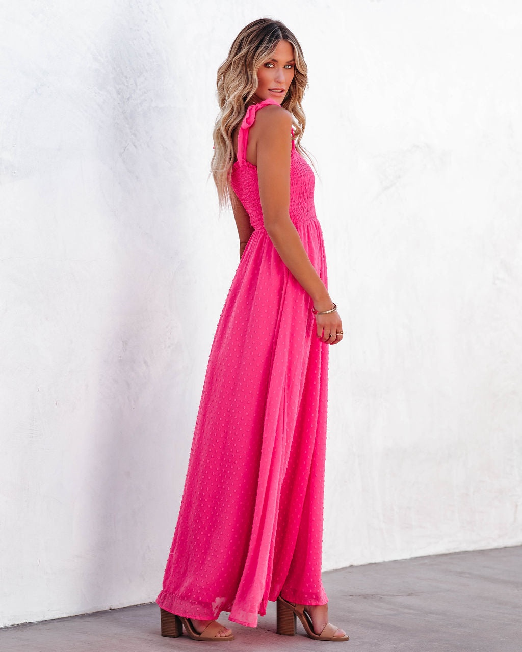 Swiss Dot Square Neck Smocked Tie Strap Slit Maxi Dress