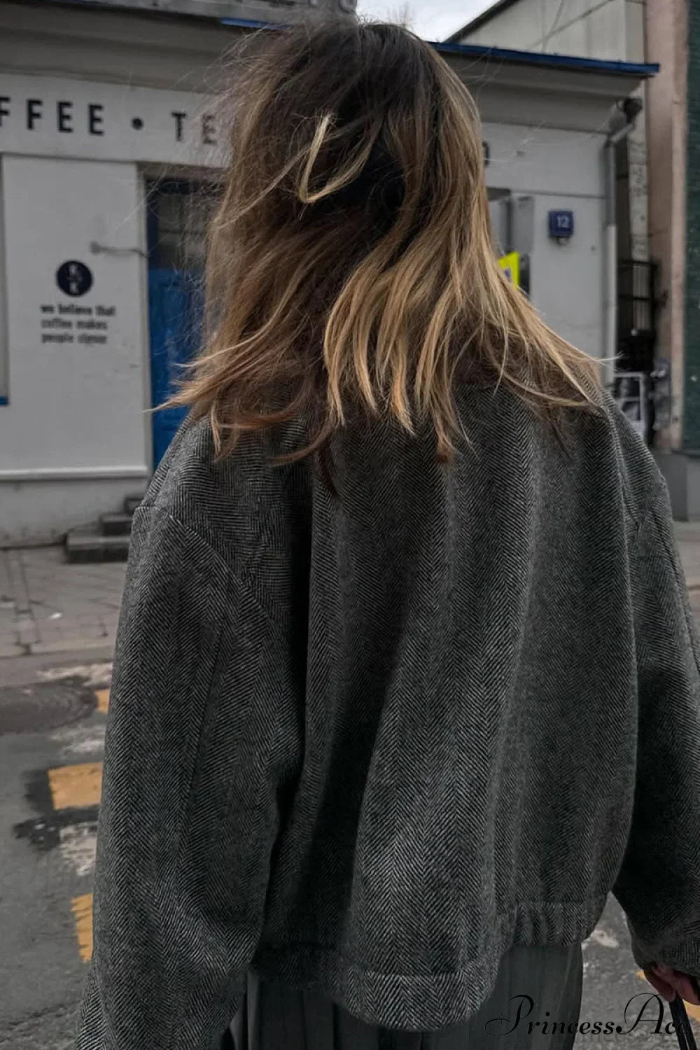 Herringbone Zip Pocket Coat with Stand Collar for Style