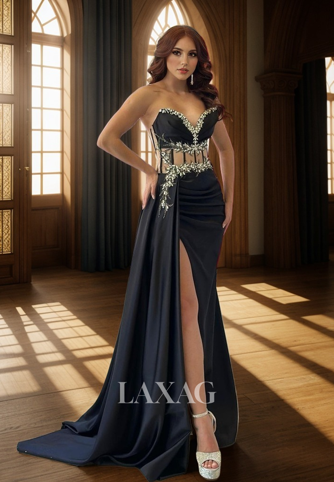 22294 - Spaghetti Straps illusion Beaded Draped Sleek Satin High Slit Prom Dress