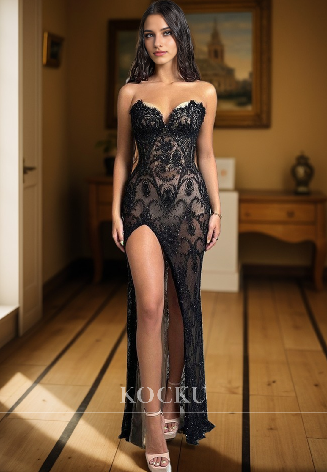 L1988 - Sweetheart Strapless Sheer Lace Sheath Long Prom Evening Dress With Slit
