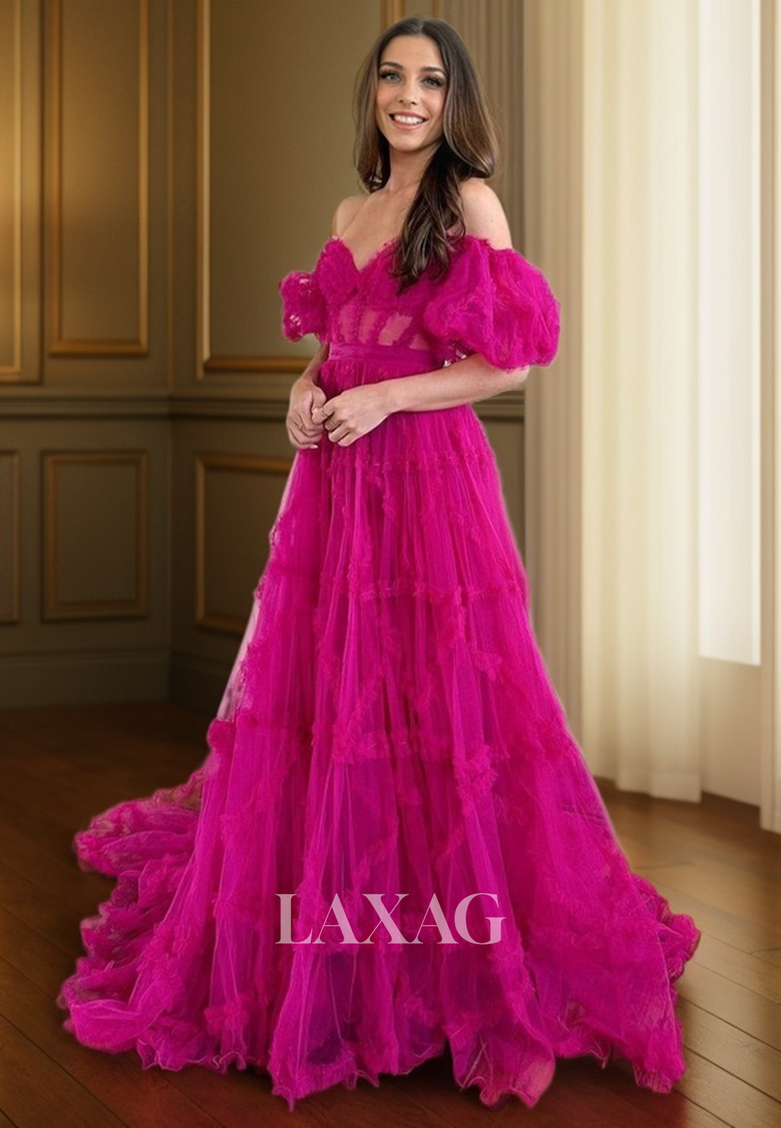 23191 -  A-Line Off Shoulder illusion Party Prom Formal Evening Dress - Fashionpara