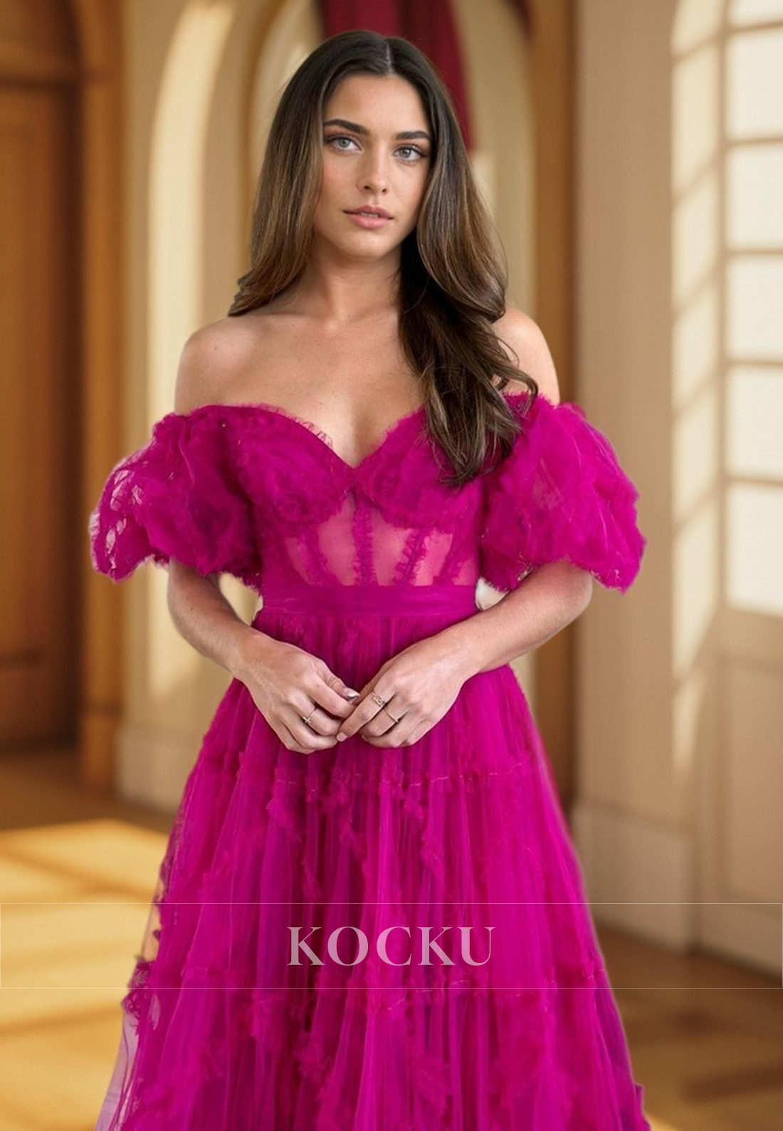 L1367 - A-Line Off-Shoulder Tulle Appliques Backless Prom Evening Formal Dress