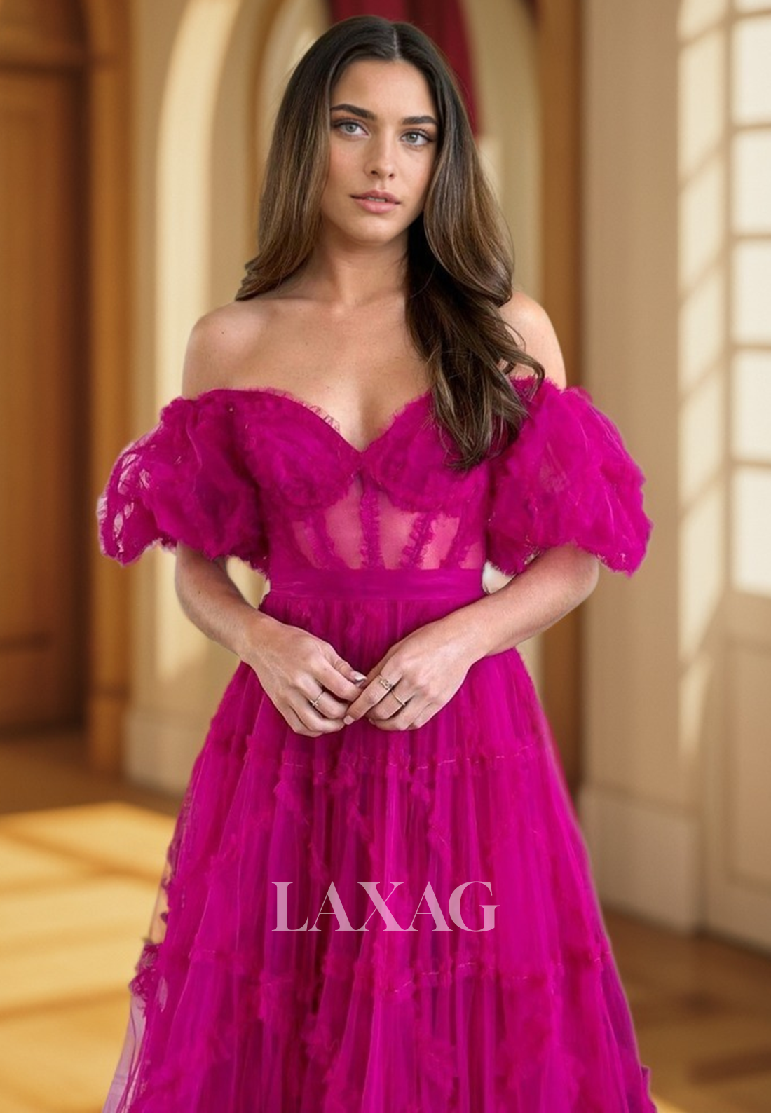 23191 -  A-Line Off Shoulder illusion Party Prom Formal Evening Dress - Fashionpara