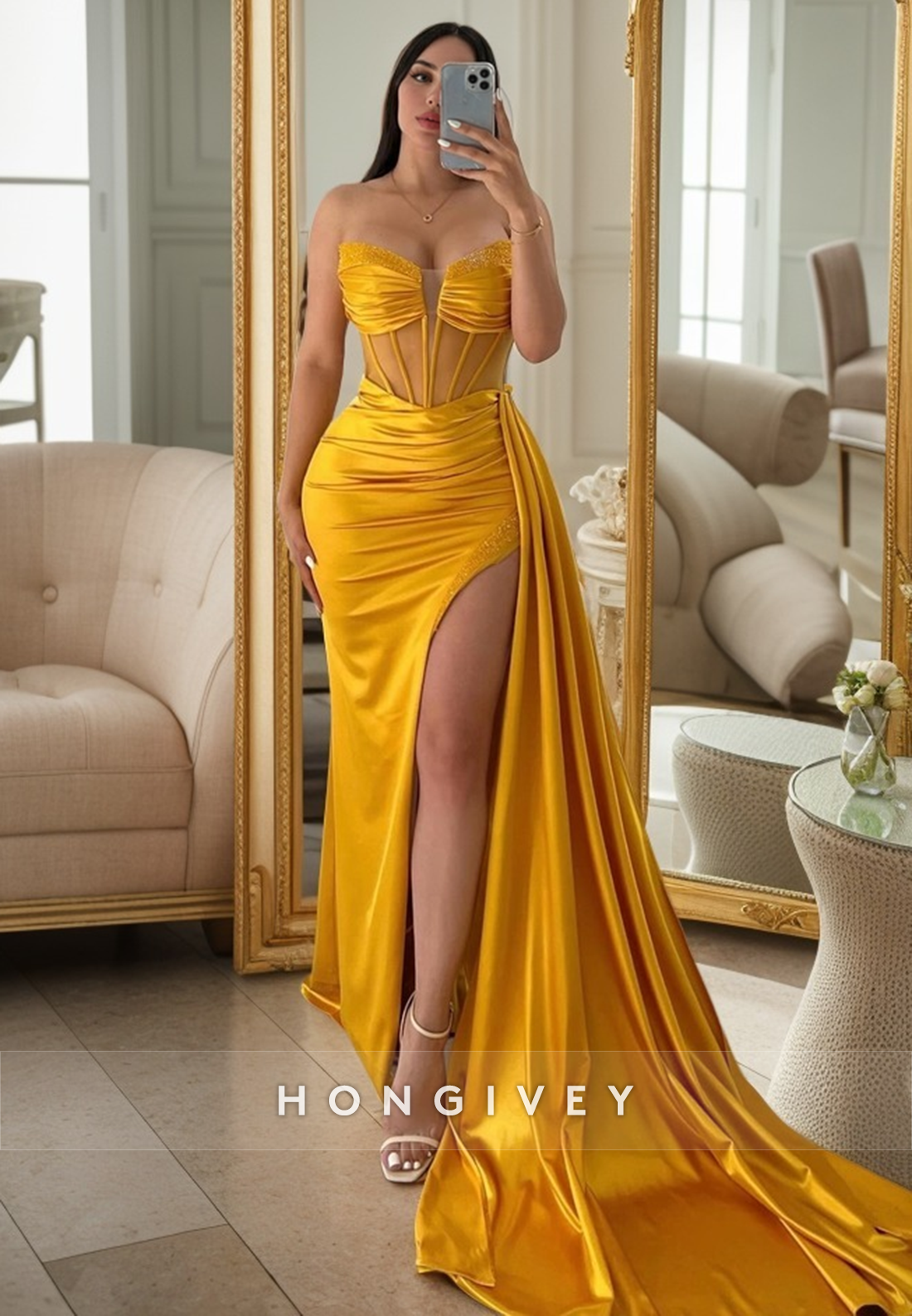 L2214 - Sexy Satin Fitted Sweetheart Strapless Empire Ruched Beaded With Side Slit Party Prom Evening Dress - Fashionpara