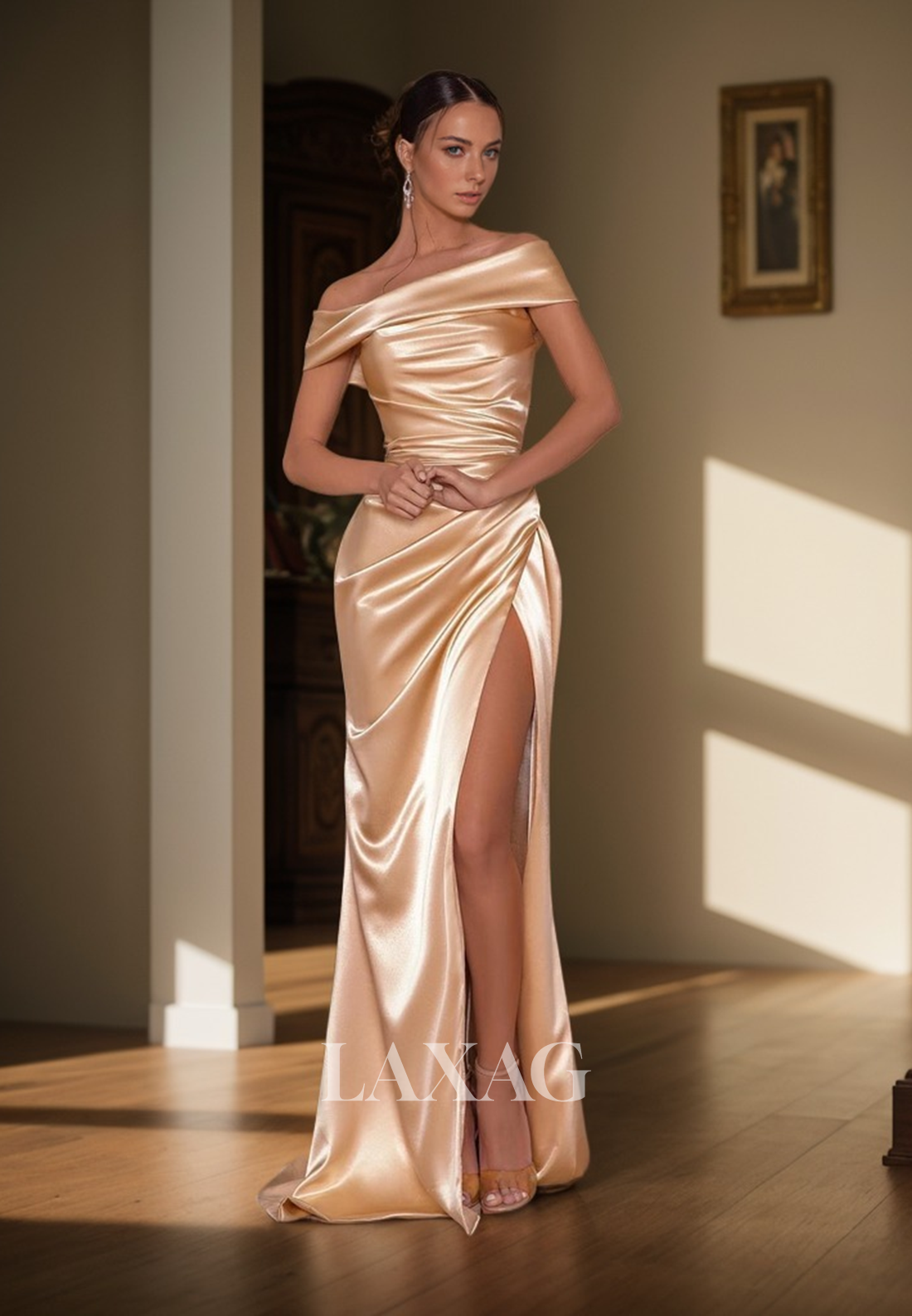 Off Shoulder High Split Pleated Champagne Prom Evening Dress - Fashionpara