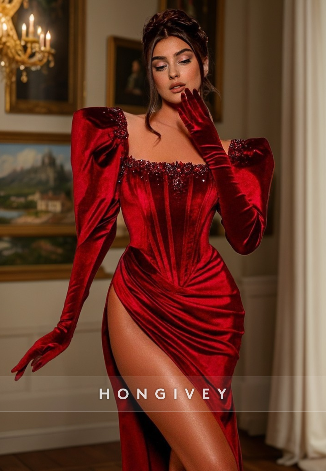 L1239 - Crystal Beaded Long Sleeves With Train And Slit Evening Formal Prom Party Dress - Fashionpara