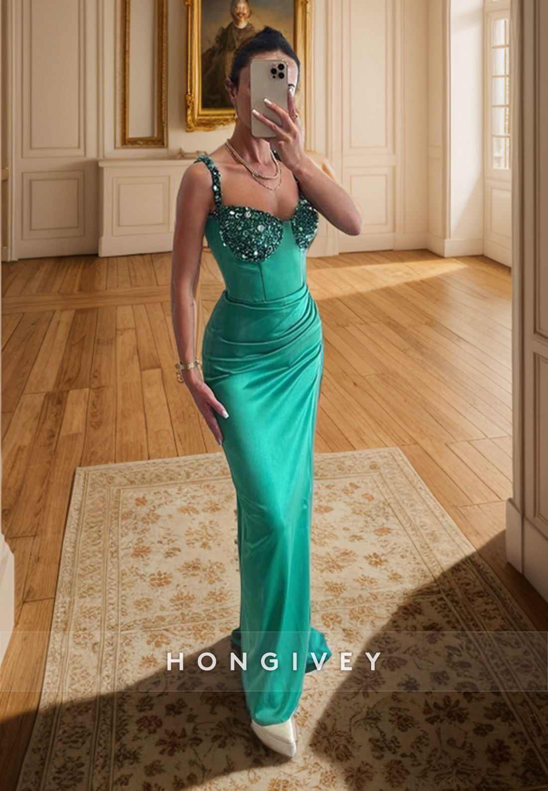 L1340 - Classic Sweetheart Spaghetti Straps Sequins Embellished Ruched  Party Prom Evening Dress - Fashionpara