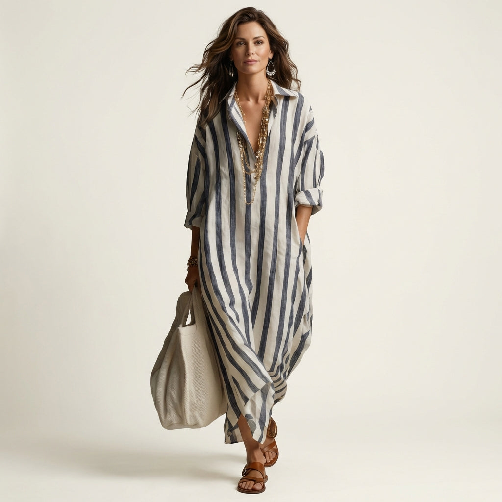 Striped Collared Long Sleeve Button Front Maxi Dress