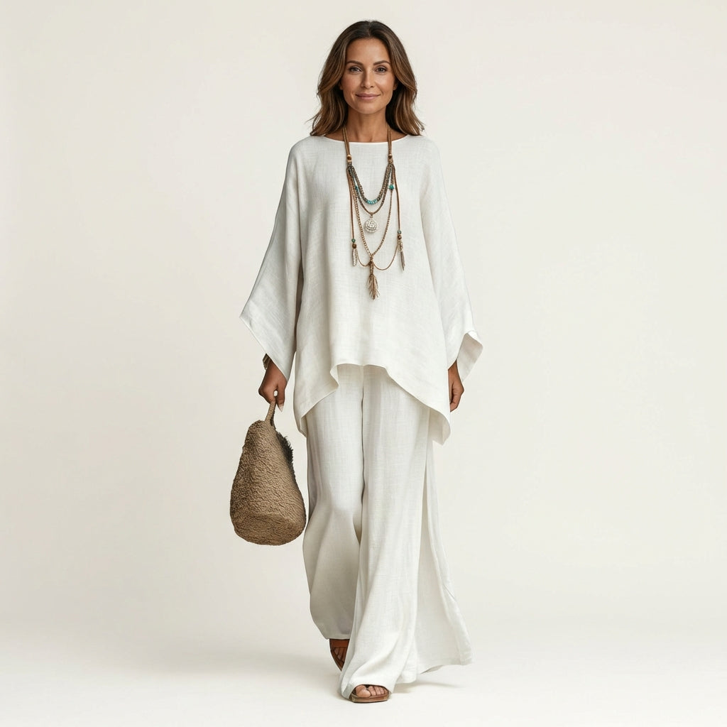 Boat Neck Draped Tunic and Wide Leg Pants Two Piece Set