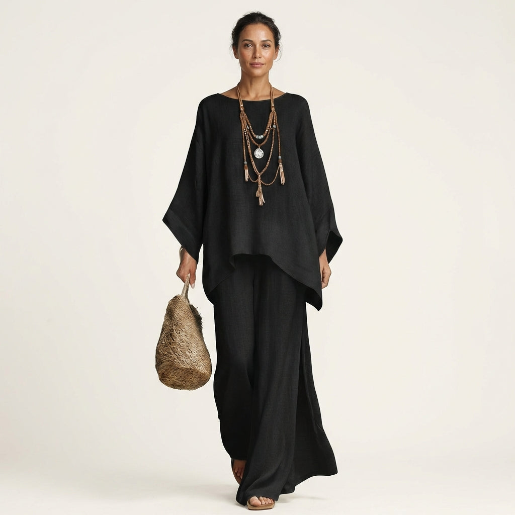Boat Neck Draped Tunic and Wide Leg Pants Two Piece Set 9