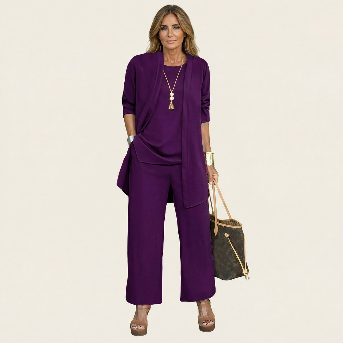 Sleeveless Top Open Front Duster and Wide Leg Pants Three Piece Set 6