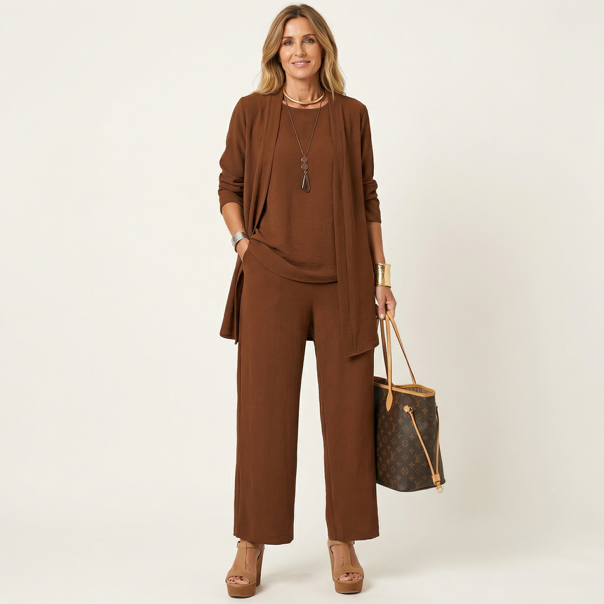 Sleeveless Top Open Front Duster and Wide Leg Pants Three Piece Set 9