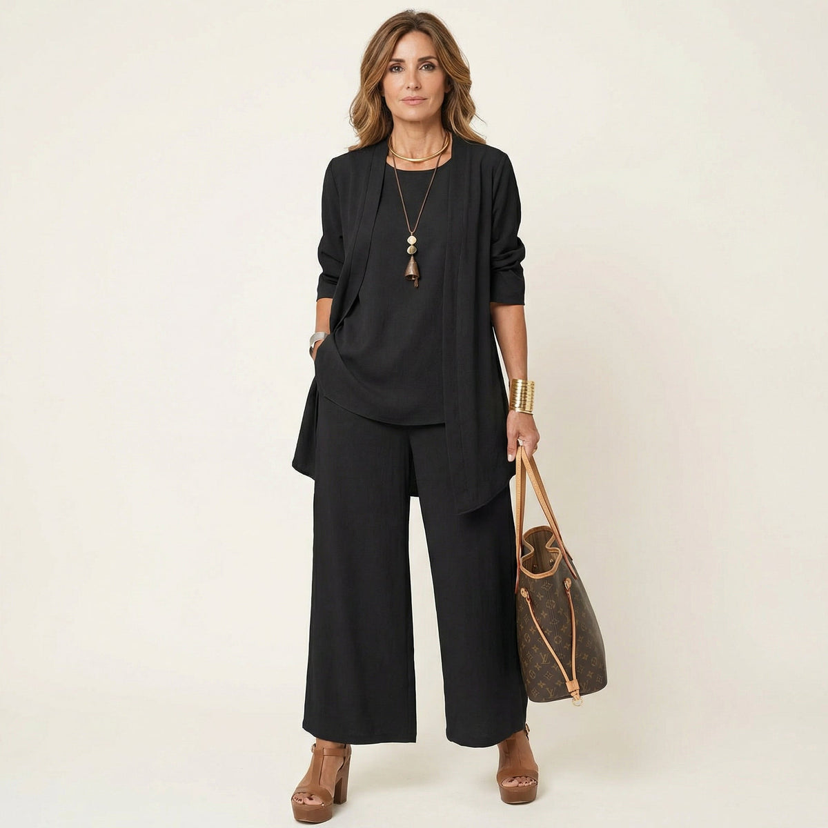 Sleeveless Top Open Front Duster and Wide Leg Pants Three Piece Set
