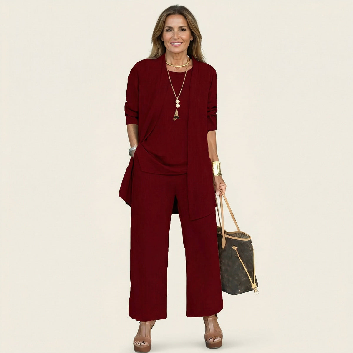 Sleeveless Top Open Front Duster and Wide Leg Pants Three Piece Set 11