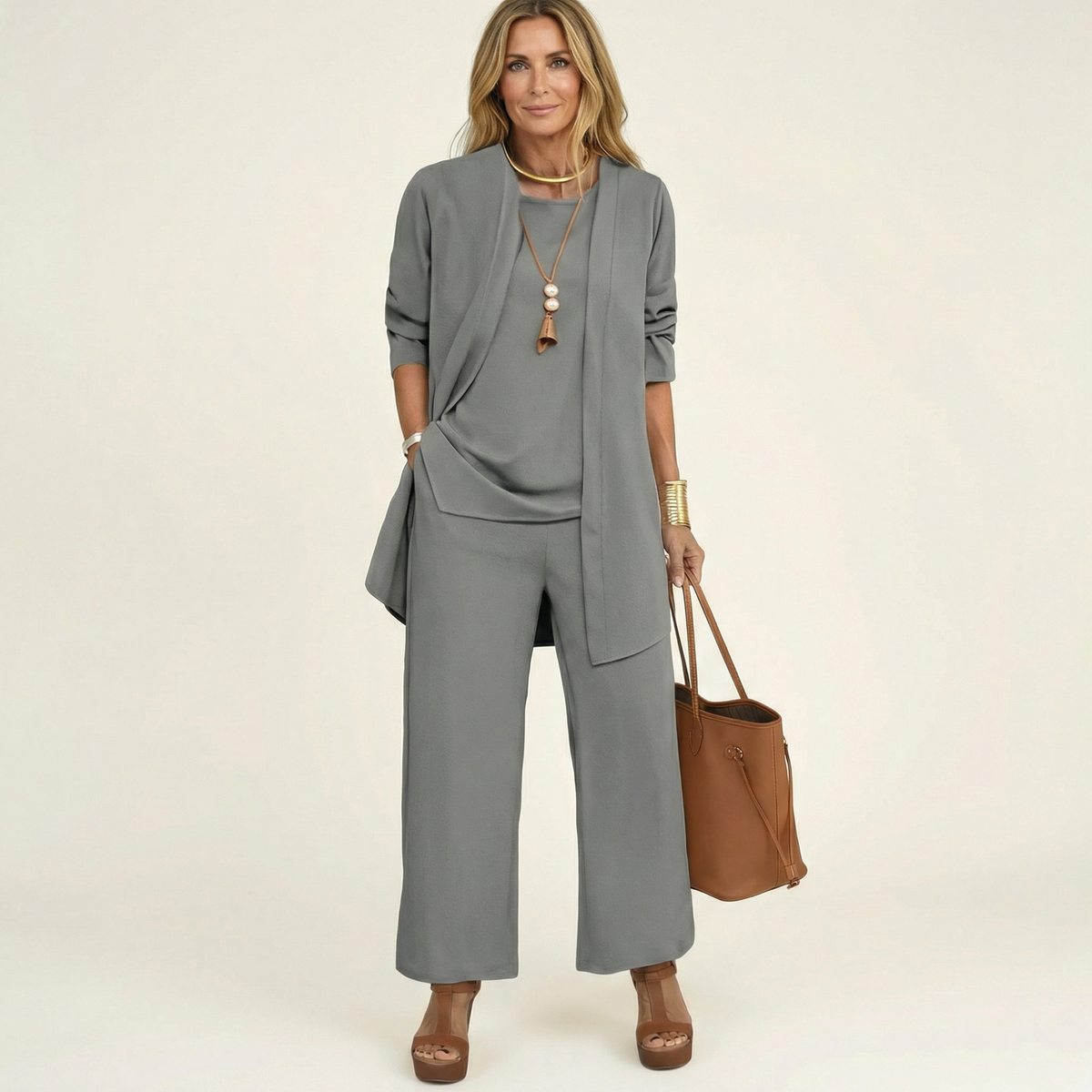 Sleeveless Top Open Front Duster and Wide Leg Pants Three Piece Set 7