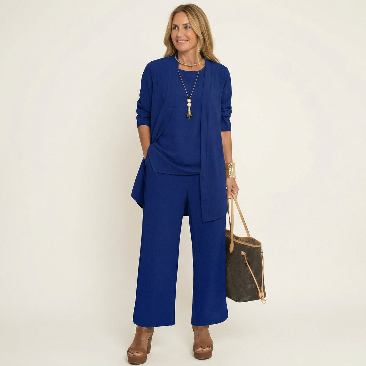 Sleeveless Top Open Front Duster and Wide Leg Pants Three Piece Set 4