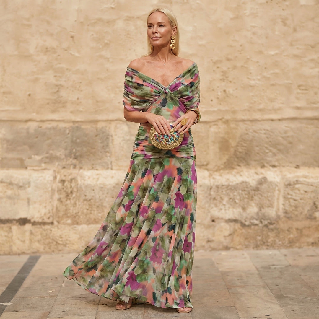 Off Shoulder Twist Front Floral Print Maxi Dress