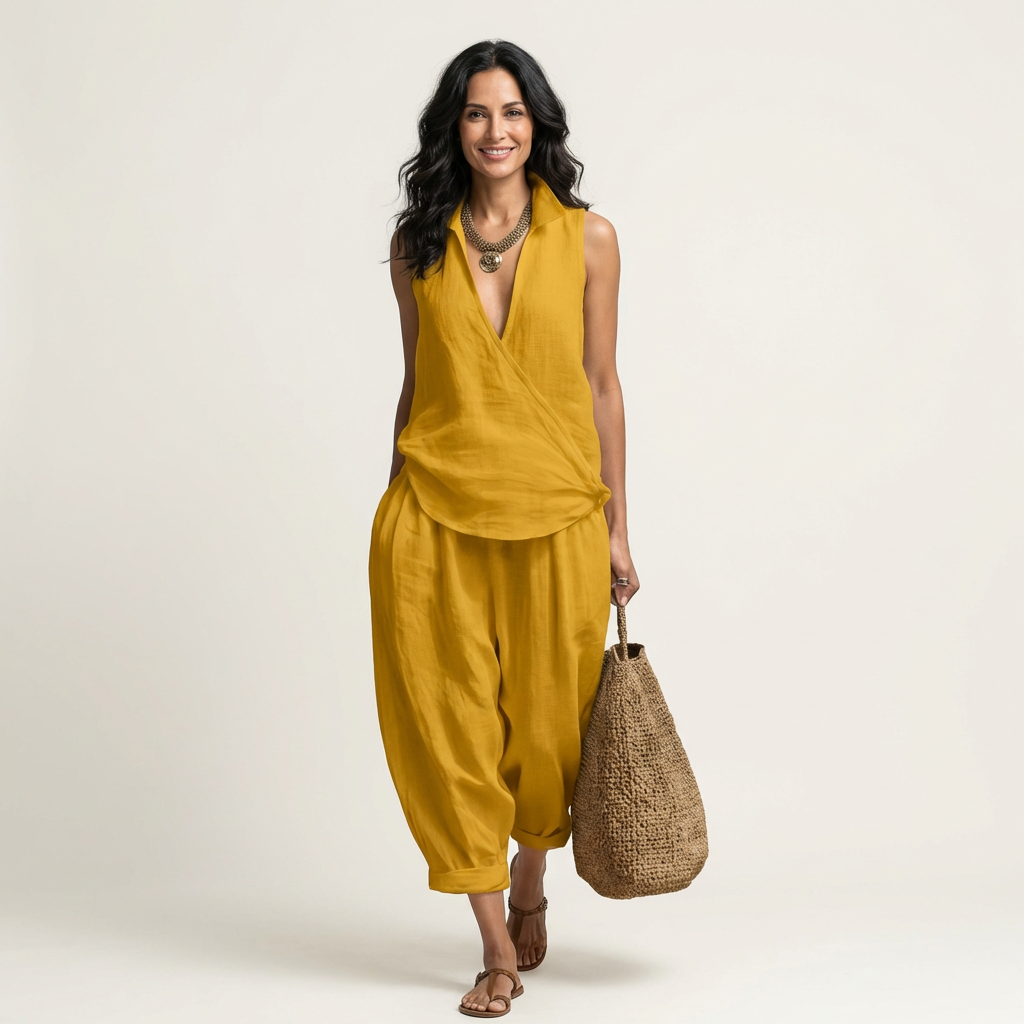 Sleeveless Collared Wrap Top and Wide Leg Pants Two Piece Set 9