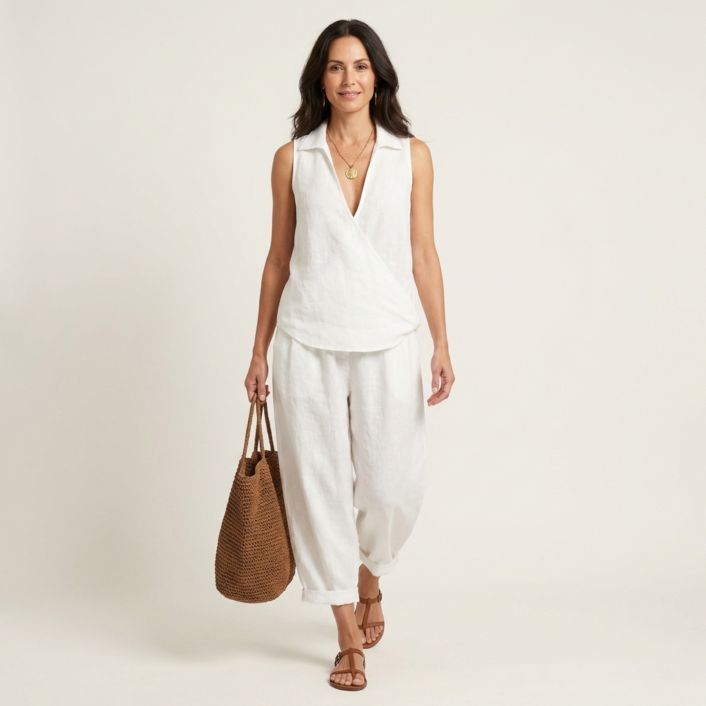 Sleeveless Collared Wrap Top and Wide Leg Pants Two Piece Set