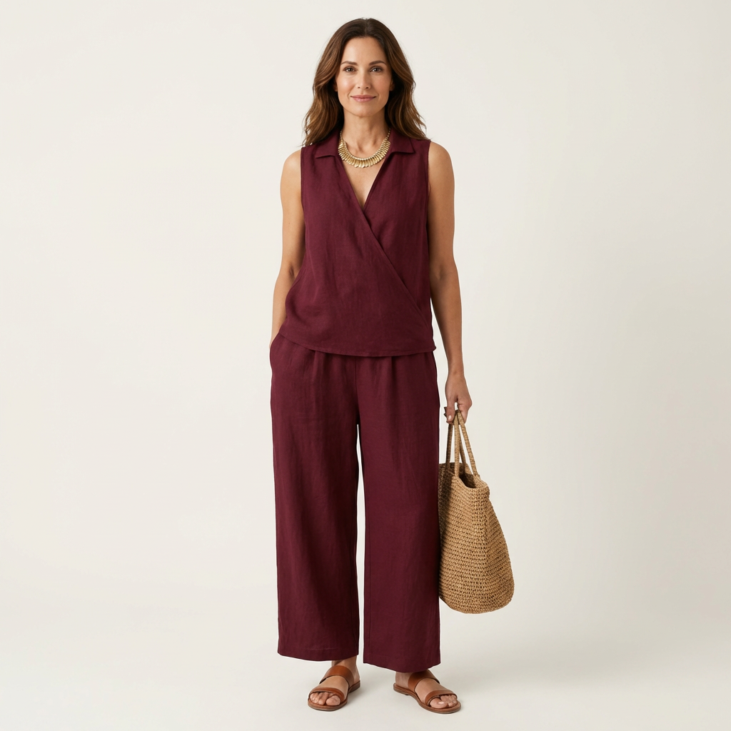 Sleeveless Collared Wrap Top and Wide Leg Pants Two Piece Set 3