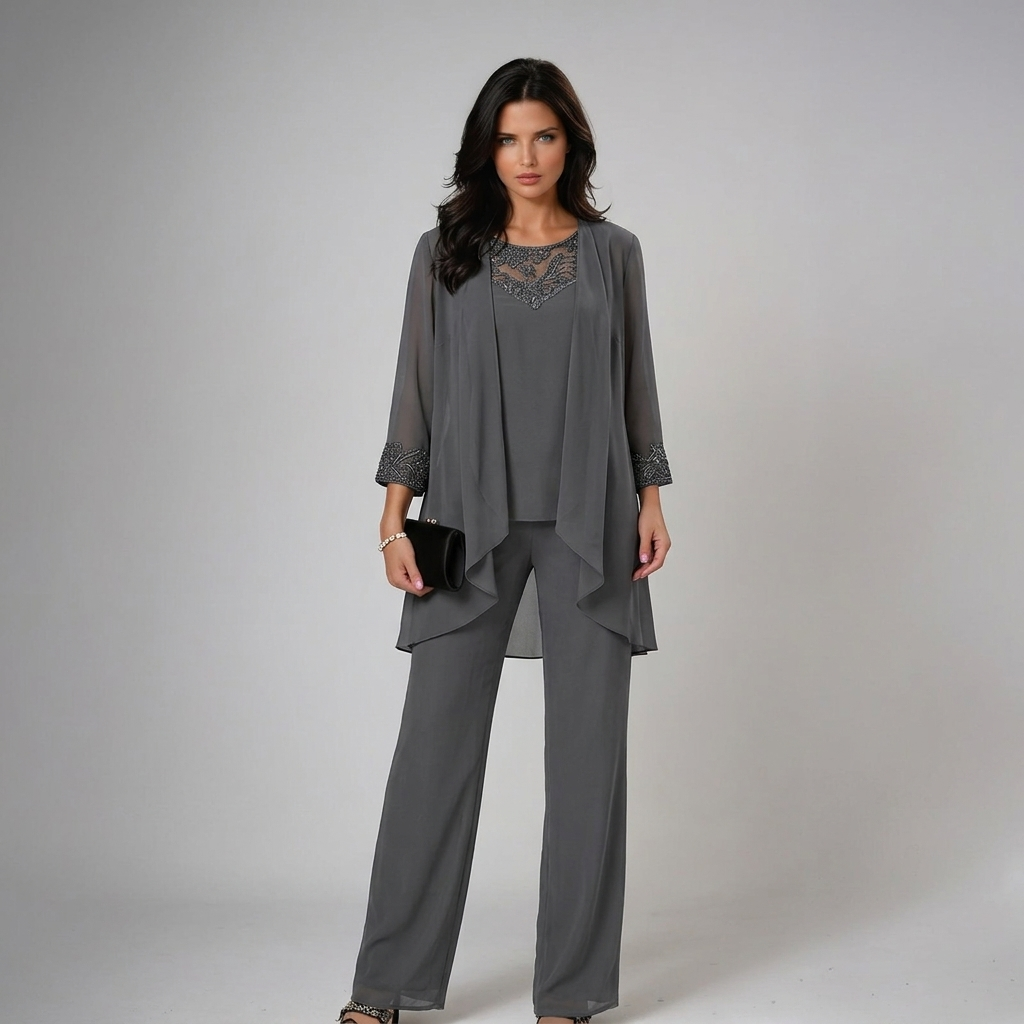 Sheer Overlay Lace Neck Top and Pants Three Piece Set 4