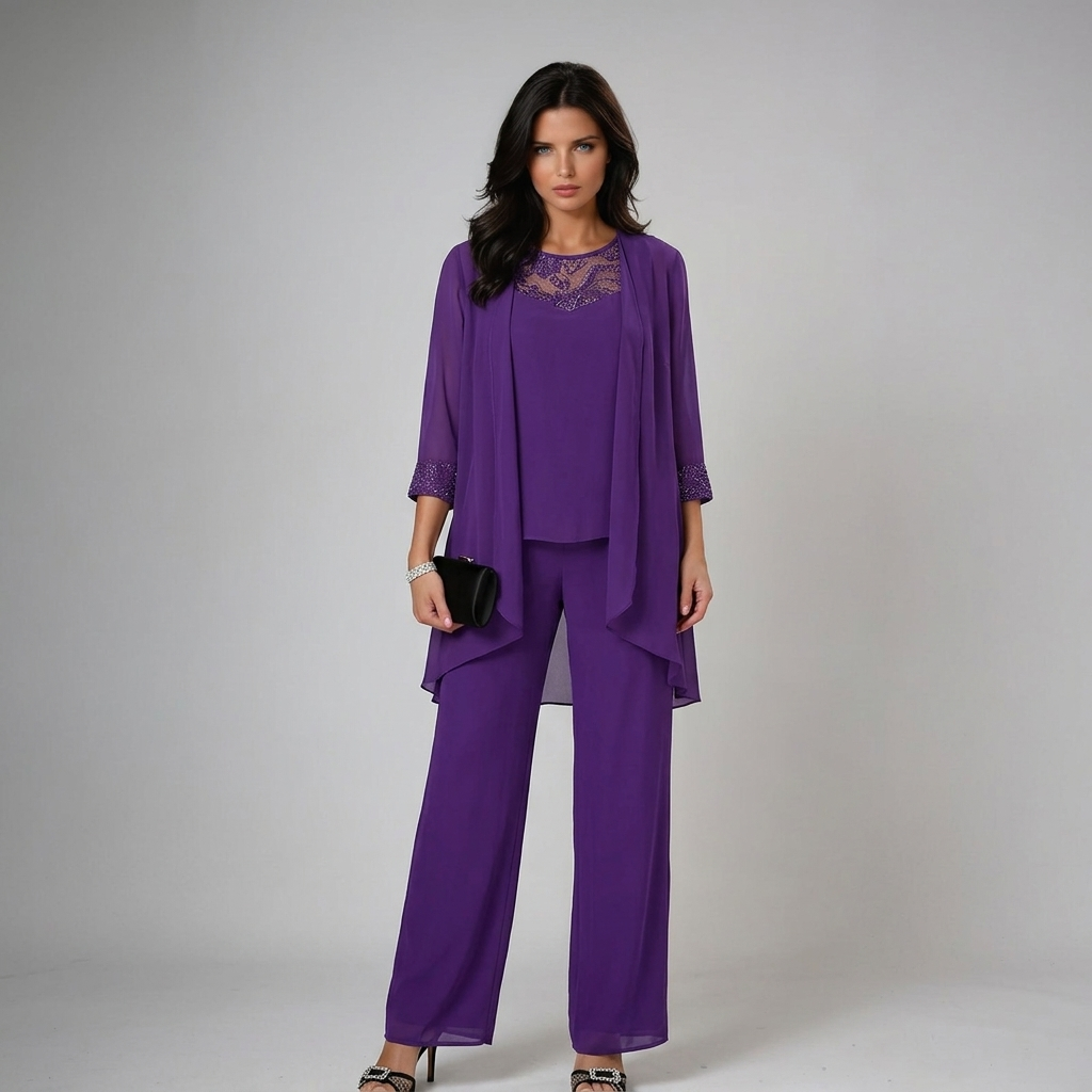 Sheer Overlay Lace Neck Top and Pants Three Piece Set 6