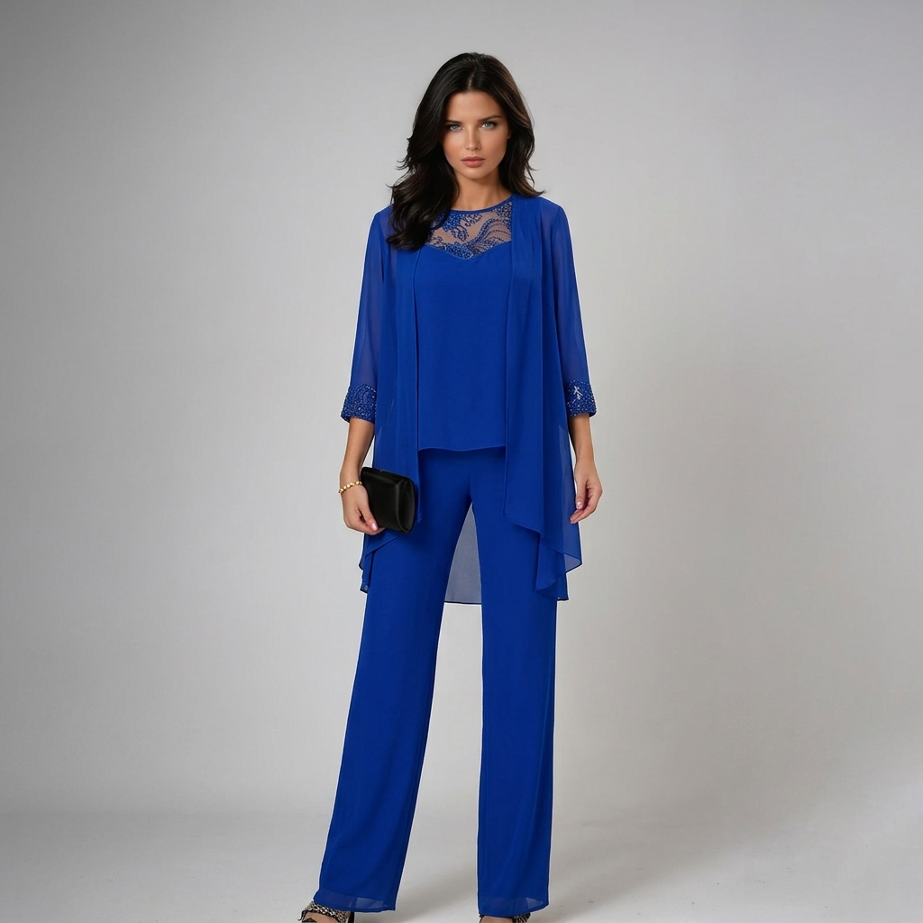 Sheer Overlay Lace Neck Top and Pants Three Piece Set