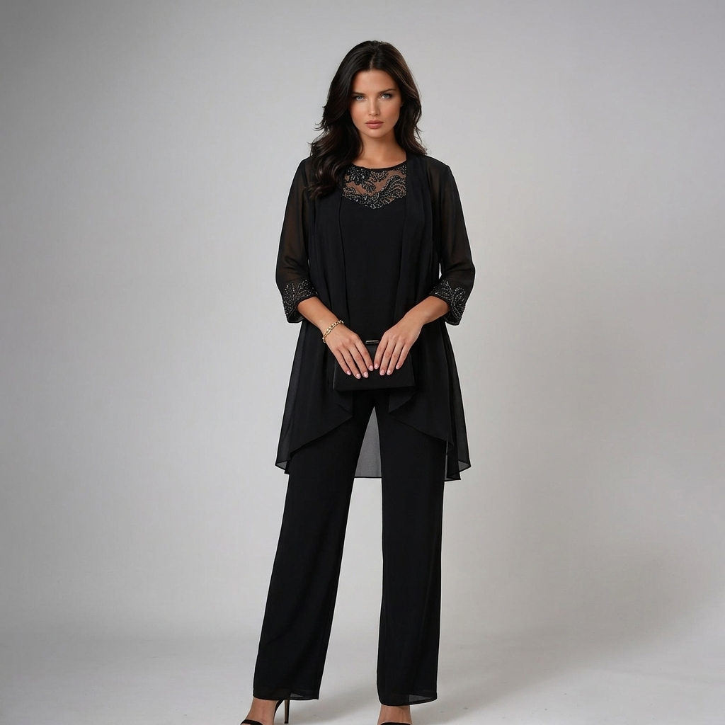 Sheer Overlay Lace Neck Top and Pants Three Piece Set 8