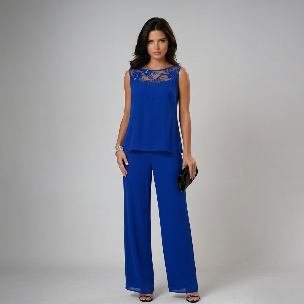 Sheer Overlay Lace Neck Top and Pants Three Piece Set 2