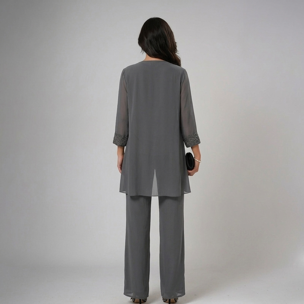 Sheer Overlay Lace Neck Top and Pants Three Piece Set 5