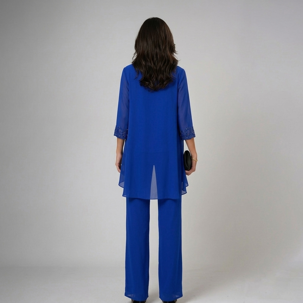 Sheer Overlay Lace Neck Top and Pants Three Piece Set 3