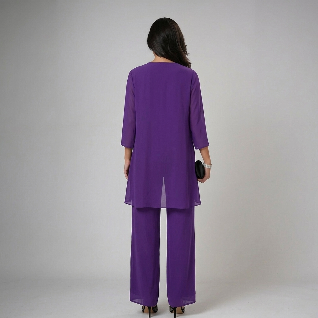 Sheer Overlay Lace Neck Top and Pants Three Piece Set 7