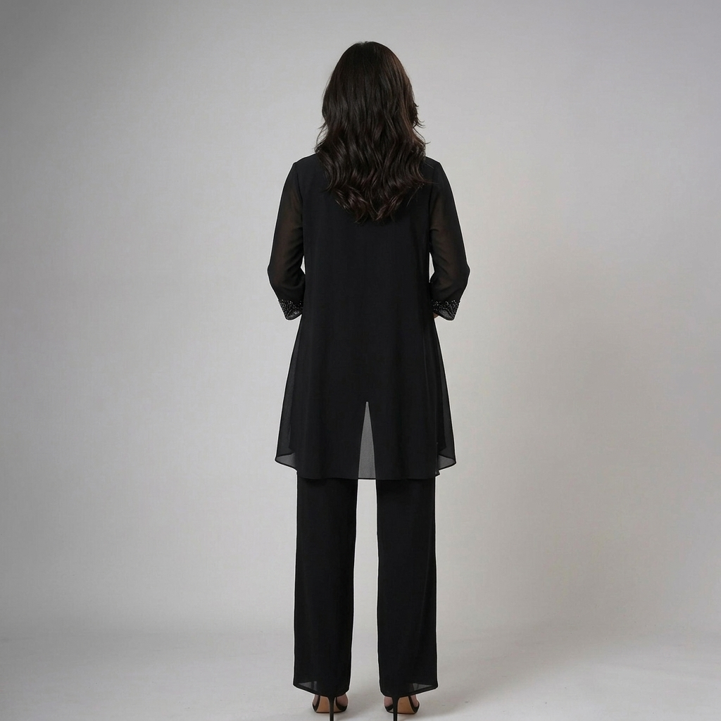Sheer Overlay Lace Neck Top and Pants Three Piece Set 9