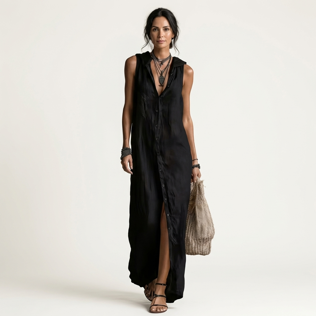 Collared Sleeveless Button Front Maxi Shirt Dress 9