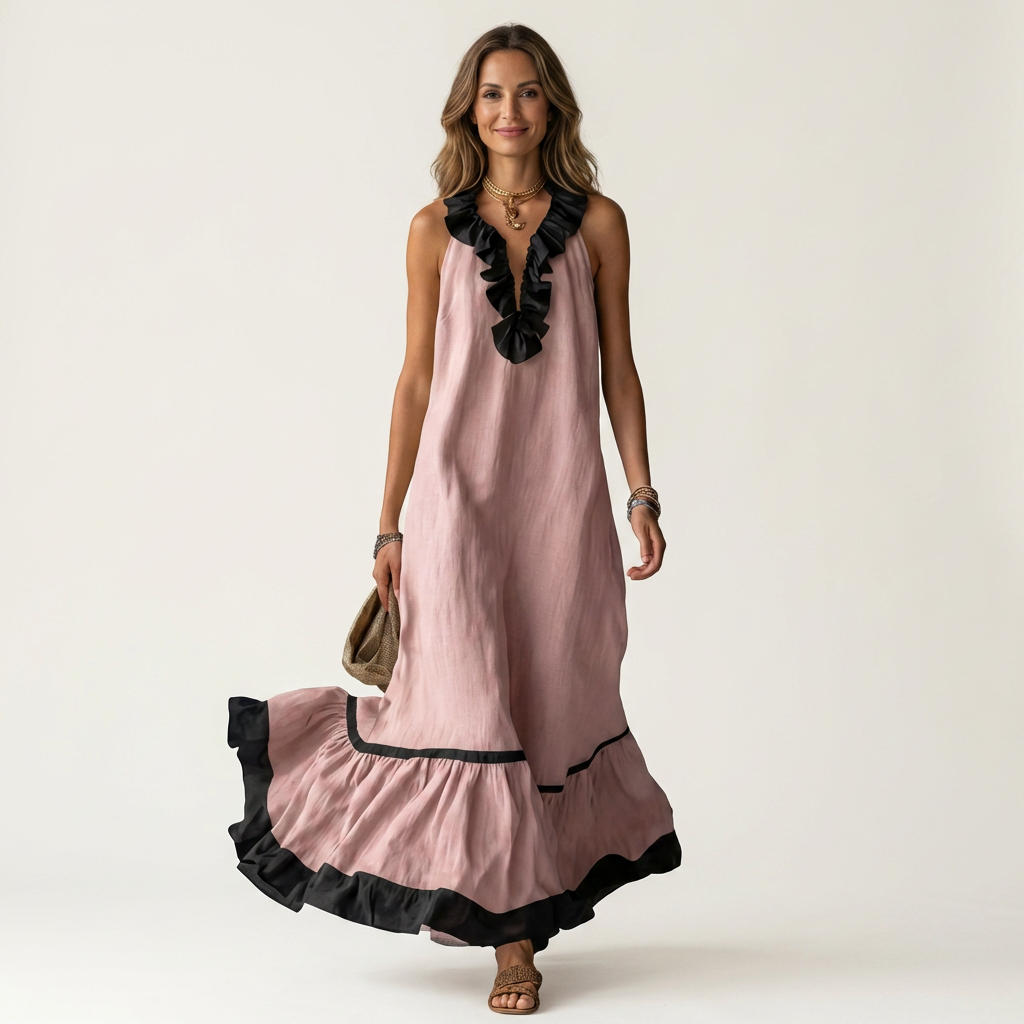 Ruffle Neck Sleeveless Contrast Trim Tiered Maxi Dress 7
