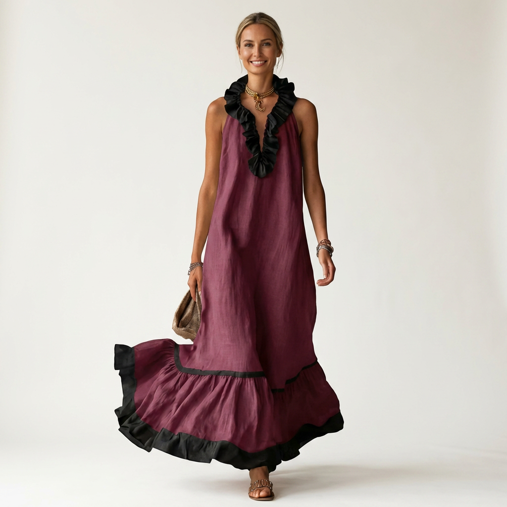 Ruffle Neck Sleeveless Contrast Trim Tiered Maxi Dress 9