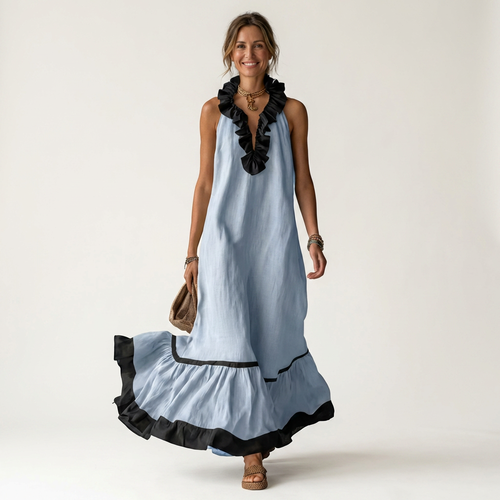Ruffle Neck Sleeveless Contrast Trim Tiered Maxi Dress 3