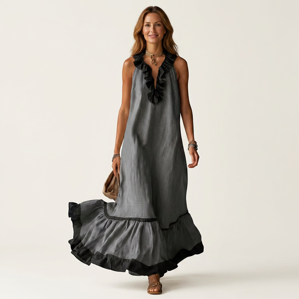 Ruffle Neck Sleeveless Contrast Trim Tiered Maxi Dress