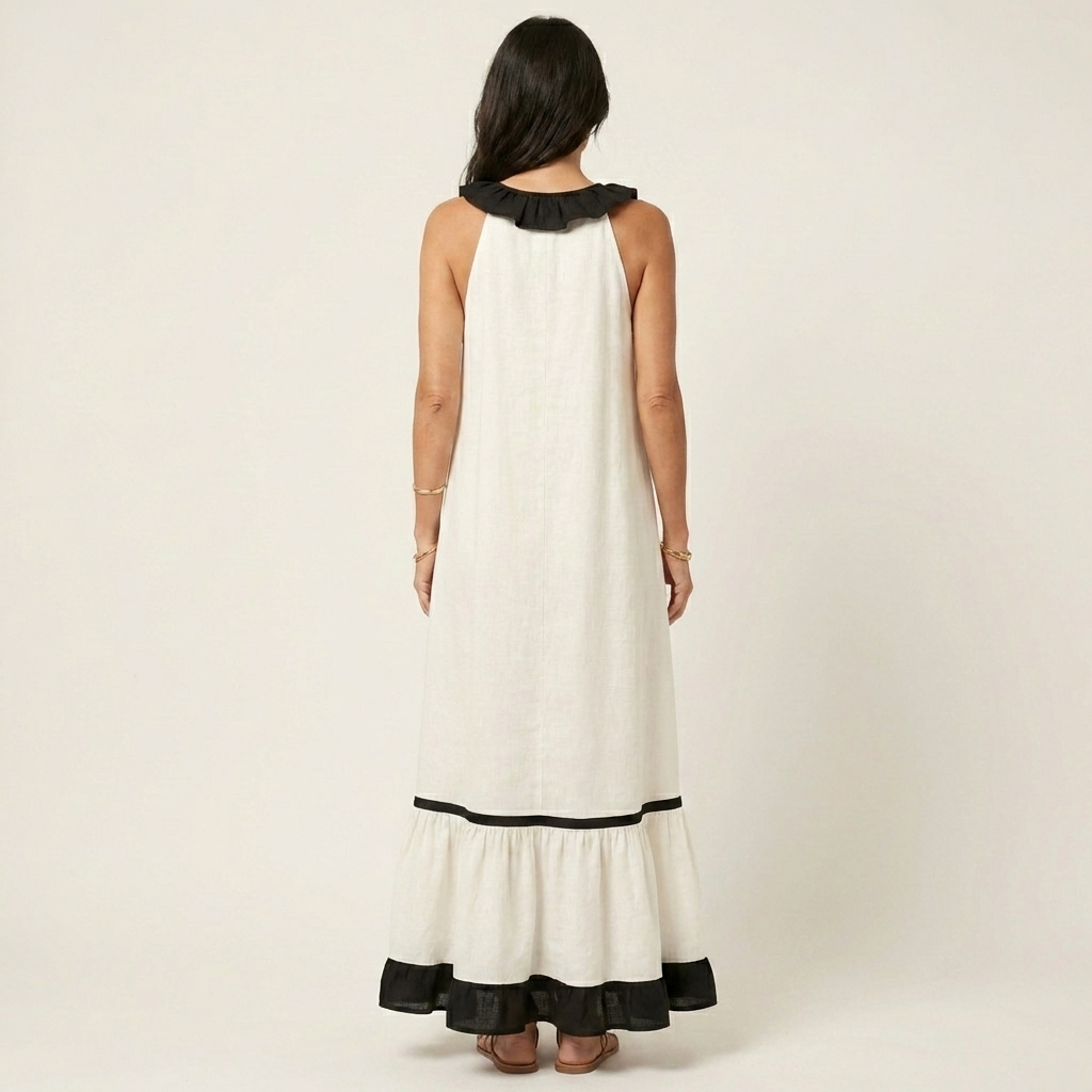 Ruffle Neck Sleeveless Contrast Trim Tiered Maxi Dress 12