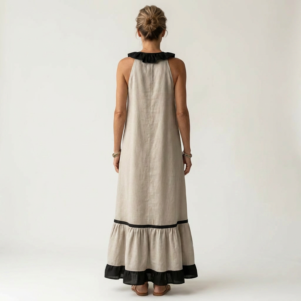 Ruffle Neck Sleeveless Contrast Trim Tiered Maxi Dress 14