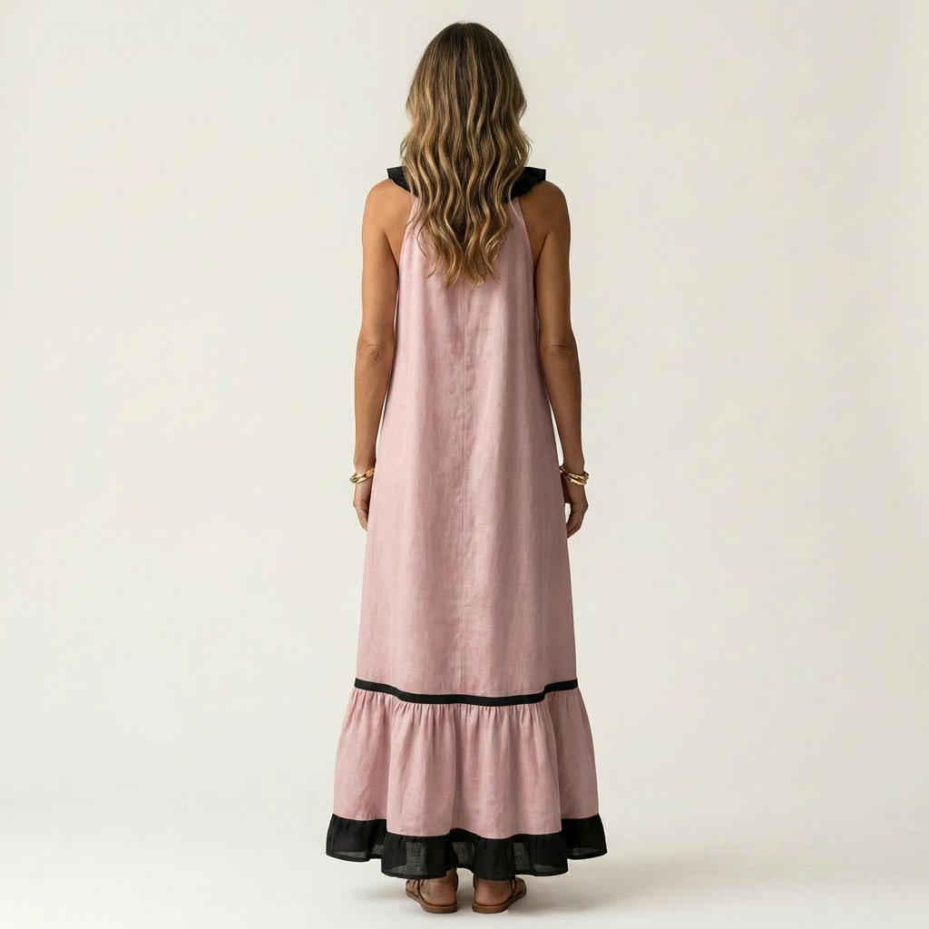 Ruffle Neck Sleeveless Contrast Trim Tiered Maxi Dress 8