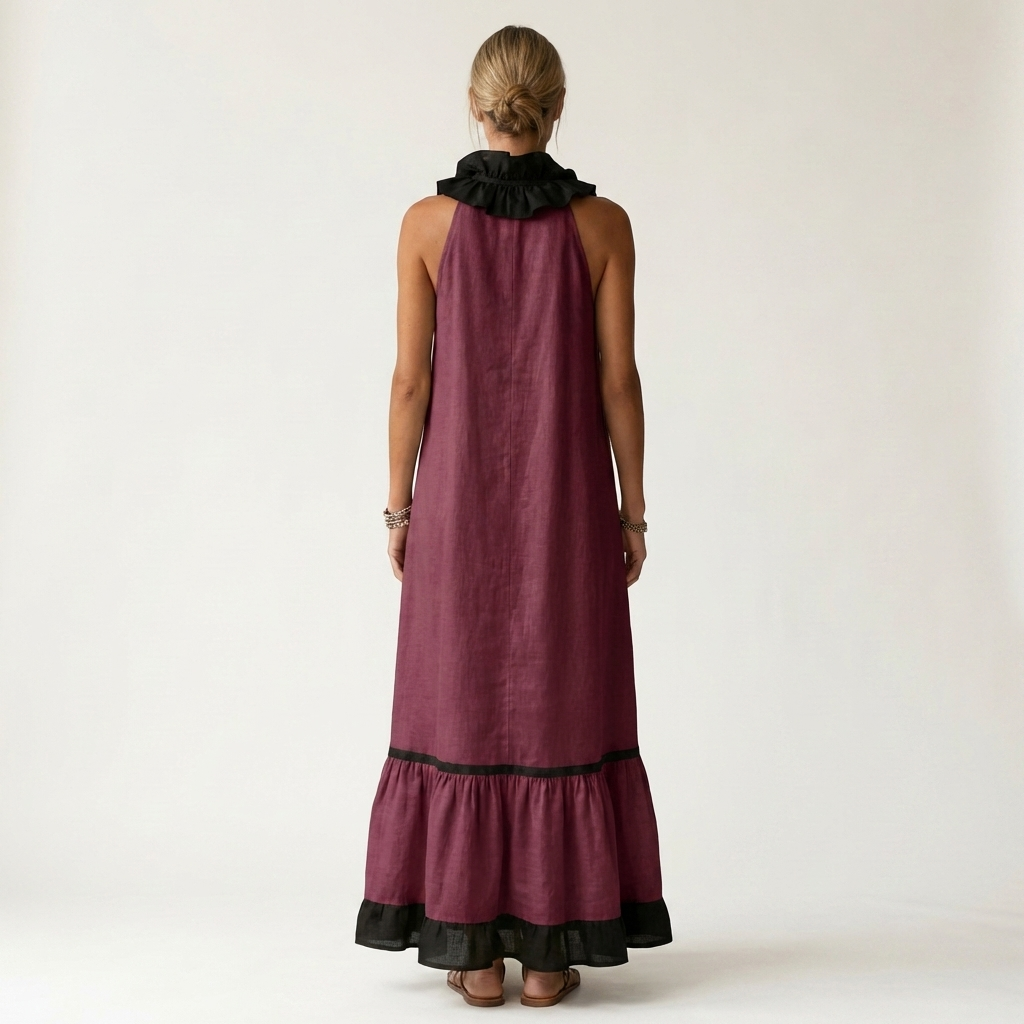 Ruffle Neck Sleeveless Contrast Trim Tiered Maxi Dress 10