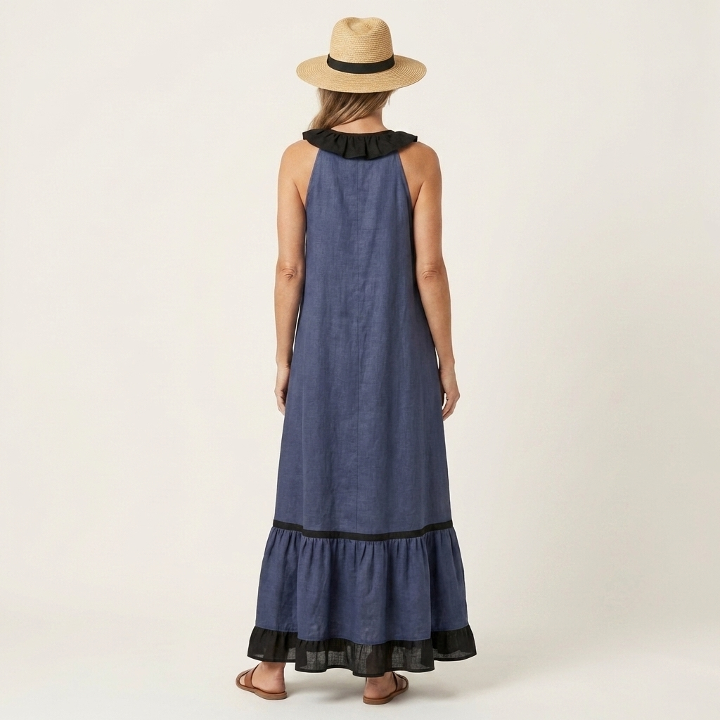 Ruffle Neck Sleeveless Contrast Trim Tiered Maxi Dress 6