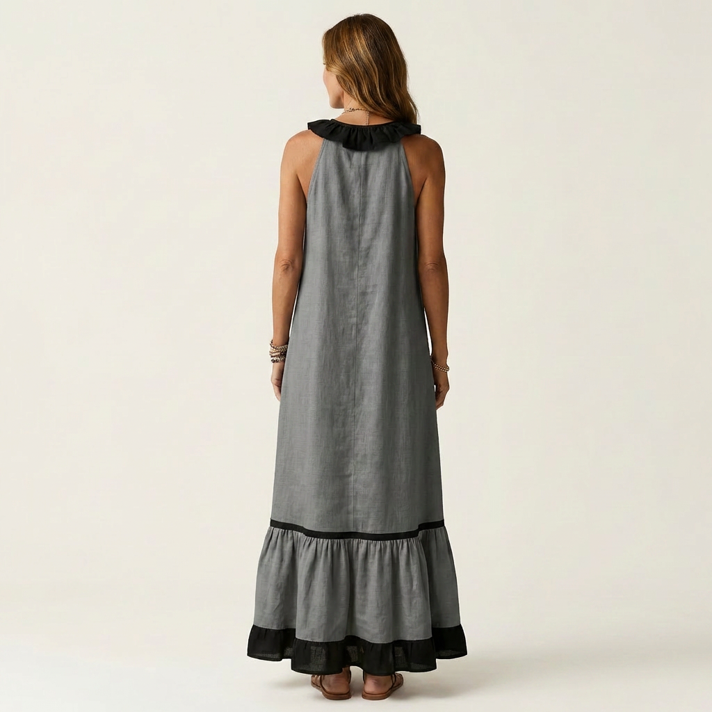 Ruffle Neck Sleeveless Contrast Trim Tiered Maxi Dress 2