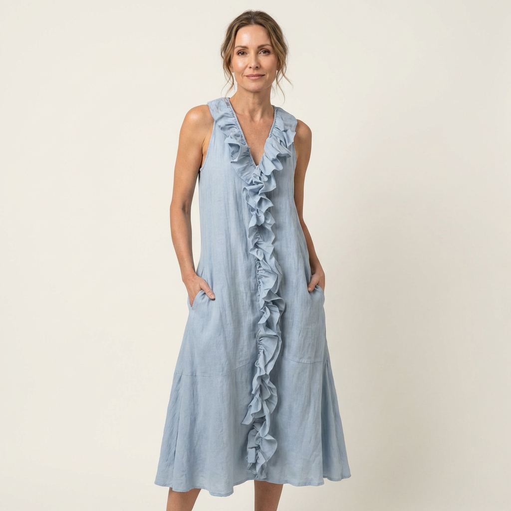 V-Neck Ruffle Front Sleeveless Tiered Midi Dress 10