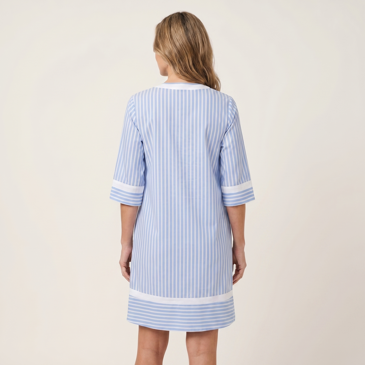 Striped Split Neck Contrast Trim Pocket Tunic Shift Dress 4