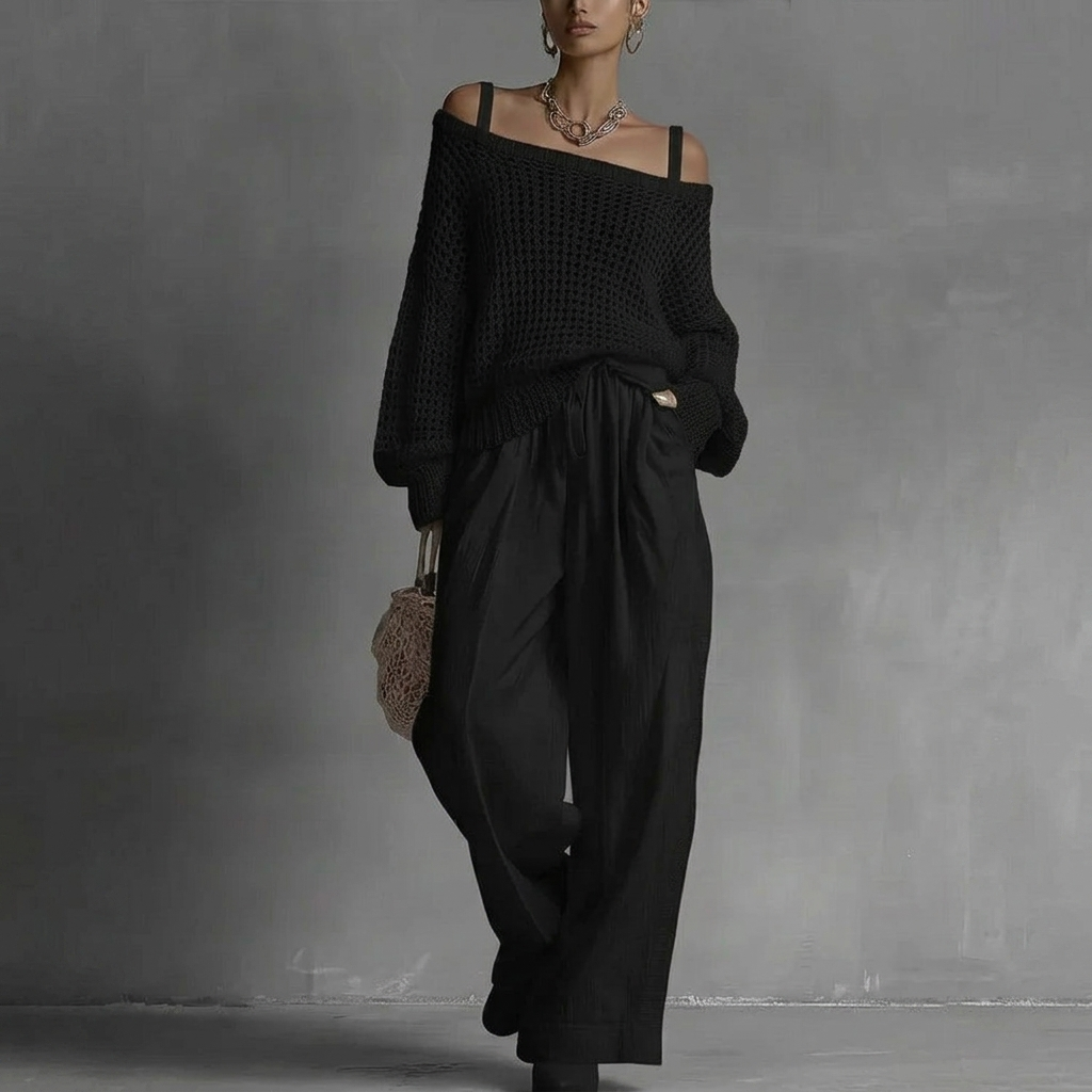 Off Shoulder Crochet Sweater and Wide Leg Pants Two Piece Set 4