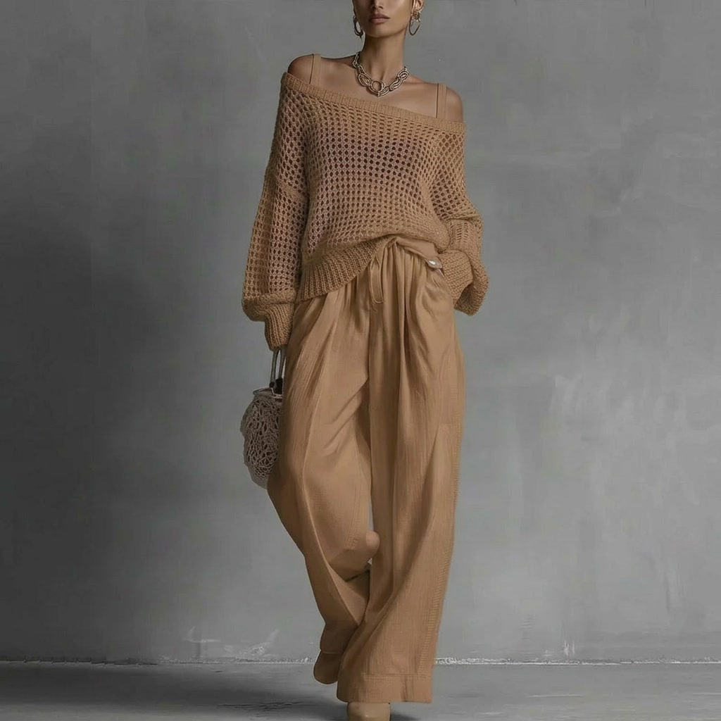 Off Shoulder Crochet Sweater and Wide Leg Pants Two Piece Set 5
